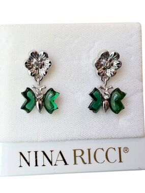 Nina Ricci Butterfly Drop Earrings – Green Crystal & Rhodium-Plated NWT